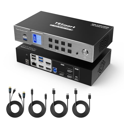 Image of TESmart USB-C MST&EDID KVM Switch 3 Monitors 2 Computers HDMI+DisplayPort, 4K@60Hz KVM Switch Triple Monitor Dock for Laptop&Desktop, USB 3.0, Charging for Laptop, 1G Ethernet, Hotkey Switch