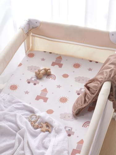 Image of TILLYOU Mini Crib Fitted Sheets - Soft Knit Sheet for Pack N Play, Microfiber Mini Crib Sheets, 38 x 24 Playpen Bedding Sheet for Baby 2 Pack, Machine Washable, Block car
