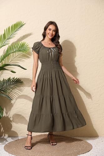 Image of OSTOO Women's Floral Maxi Dress Boho Summer Short Sleeve Smocked Waist Tiered Long Dress
