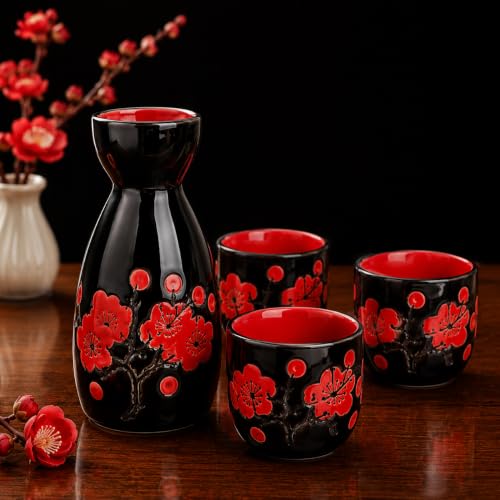 Image of Melbify Japanese Sake Cherry Blossom Design Set | 1 Pc Sake Bottle(180 ml) & 4 Pc Sake Cup(45 ml) | Traditional Craftsmen's Hand Painted Design | Tokkuri Carafe & Cups | Ceramic Serving Gift Set