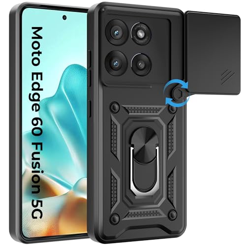 Image of A rtistque Armor Back Cover Case for Motorola Moto Edge 60 Fusion 5G / Moto Edge 60 5G | Stylish Ring Holder & Inbuilt Stand | Sliding Camera Cover |Stylish| Moto Edge 60 Fusion 5g Back Cover - Black