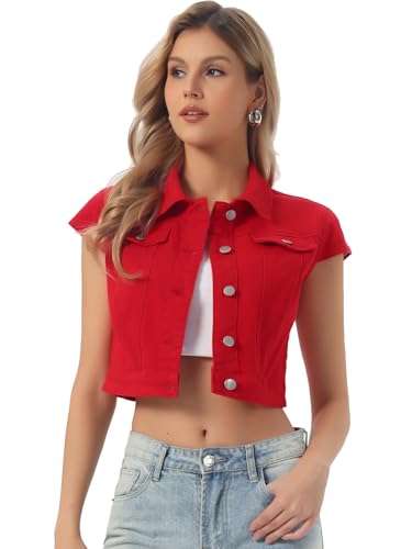 Allegra K Womens Cropped Denim Jacket Short Cap Sleeve Button Down Summer Casual Crop Jean Jacket Small Red
