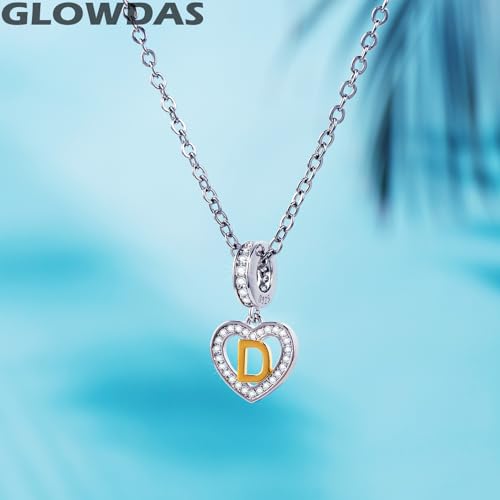 Image of GLOWDAS 18K Gold Plated Letter Charms Initial A to Z Necklace Pendant, 925 Sterling Silver CZ Heart Dangle Alphabet Beads fit European DIY Bracelet, Gifts for Valentiens /Christmas /Family