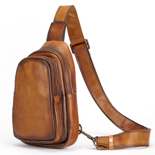 NIUCUNZH Genuine Leather Sling Bag, Handmade Vintage Crossbody Shoulder Bags Small Travel Pack for Women and Men Brown