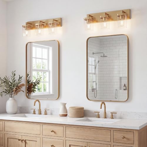 Image of Bathroom Lighting Fixtures Over Mirror, Square Design & Rectangle Large Backplate, 3 Lights Modern Vanity Lighting Fixtures, Bathroom Light Fixtures for Bathroom /Living Room /Bedroom, Gold