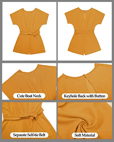 Vetinee Womens Yellow Summer Casual Belted Romper Keyhole Back Short Sleeve Jumpsuit Playsuit Medium (US 8-10)