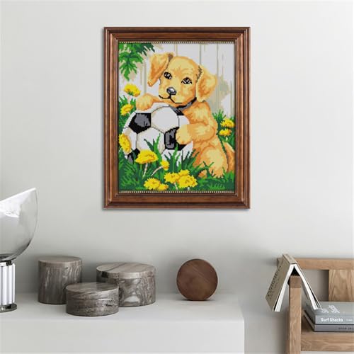 Image of JOYSEWING Pre Printed Counted Cross Stitch Kits DMC Classic Series Embroidery Starter Kits for Beginners DIY Gift Home Decoration 11CT 3 Strands - (Puppy and Football (Printed) 15.35 x18.11 inch)