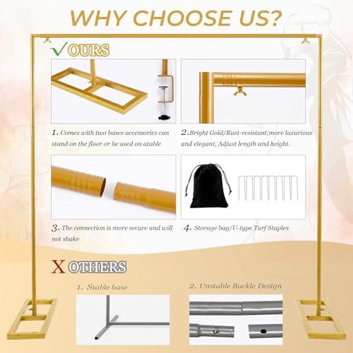 OurWarm 8.2 Ft Adjustable Wedding Backdrop Stand, 2-in-1 Floor Arch & Over-the-Table Rod, Gold Metal Square Background Frame, Photo Backdrop Balloon Arch Stand for Birthday Party Baby Shower Decor by OurWarm - Image 4