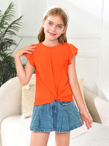 Image of Haloumoning Girls Ruffle Sleeve T Shirts Summer Crewneck Shirt 5-14 Years | Flutter Ruffle Short Sleeve, Twist Front, Casual, Solid, Loose Fit, Tees Tops