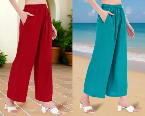 Image of Buy That Trendz Palazzo Pants for Women Rayon Elasticated Regular Fit Flared Wide Leg M to 6XL Pack of 2