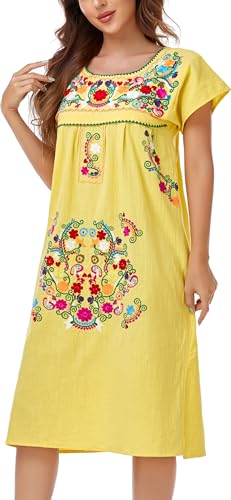 Image of YZXDORWJ Women Mexican Embroidered Long Dress Ruffle Collar Maxi Boho Floral Summer Short Sleeve