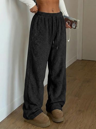 Image of ZAFUL Women's Fuzzy Plush Pajama Pants Wide Leg Pj Bottoms Lounge Pants