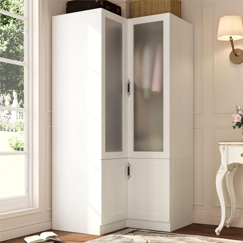 MEISSALIVVE L-Shape Armoire Wardrobe Closet with Frosted Glass Door, 70.9''H