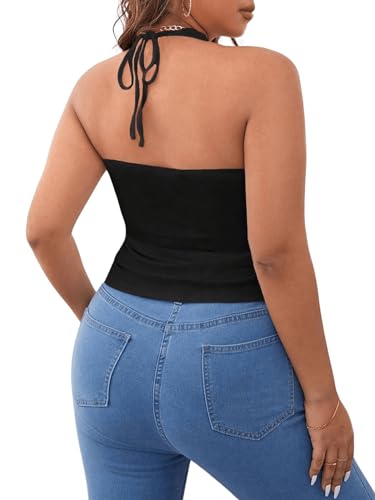 GORGLITTER Women's Plus Size Ruched Backless Tank Top Asymmetric Hem Tie Back Halter Top2