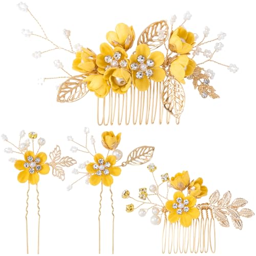 Pinzas para el cabello flores camelia 4 piezas amarillo miniatura 1