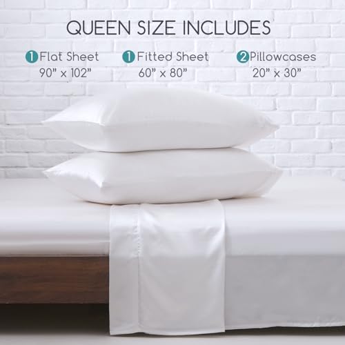 Image of MR&HM Satin Bed Sheets, Queen Size Sheets Set, 4 Pcs Silky Bedding Set with 15 Inches Deep Pocket for Mattress (Queen, White)