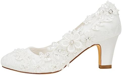 Emily Bridal 1505-1B Women's Wedding Shoes Closed Toe 2.56 Inches Chunky Heel Lace Satin Pumps with Rhinestone Lace Flower Bridal Shoes, Ivory 10.5 US/ 42 EU | Image 1
