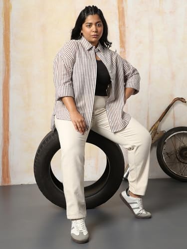 Image of HIGH Star Oversized Striped Cotton Shirt for Women | Stylish Tops for Women | Comfortable and Trendy Casual Shirt