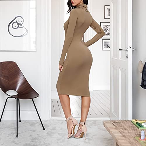 Laiyuan Women Winter Turtleneck Bodycon Dresses - Long Sleeve Solid Midi Sexy Club Dress Coffee #TOP1