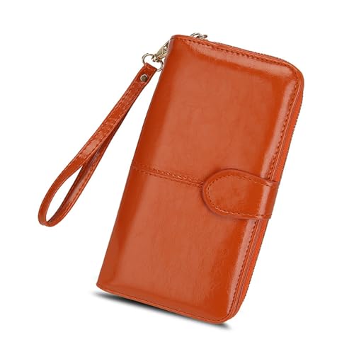 Womens wallet Women's wallet zipper leather wallet buckle mobile phone bag oily leather clutch bag(Orange)