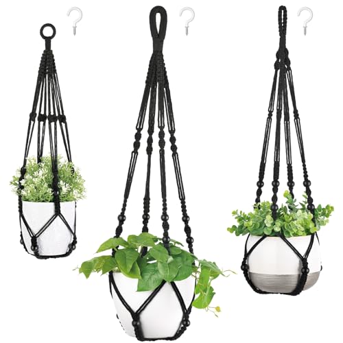 Mkono 3 Pack Macrame Plant Hangers Indoor Different Size Hanging Planter Basket Flower Pot Holder with Beads No Tassels 35"/29"/23", Medium, Black by Mkono - Used condition - CA$22.49