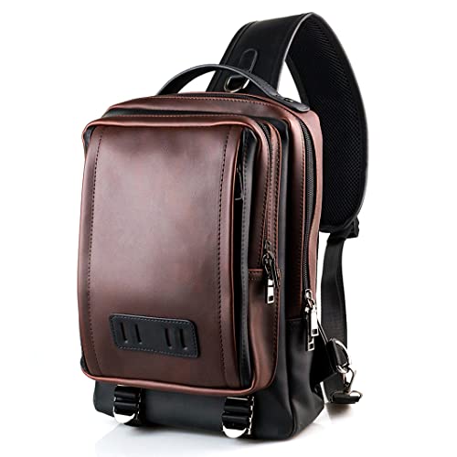 YOODI Men Bags Crossbody Sling Bag Leather Chest Shoulder Backpack for Man, Multi-Pocket Water Resistant Crossbody Sling Chest Bag Casual Multipurpose Crossbody Men's Fashion Bag (Brown)