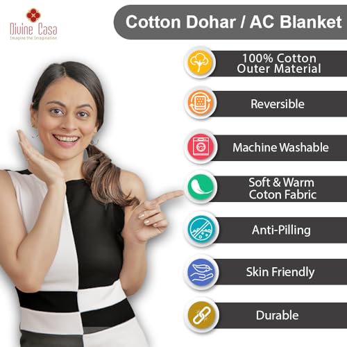 Image of Divine Casa Glace Cotton 120 GSM Soft and Silky Reversible Lightweight Printed Double Bed AC Dohar Blanket for Mild Winter Quilt -(Yellow and White, 205 x 220, CM)