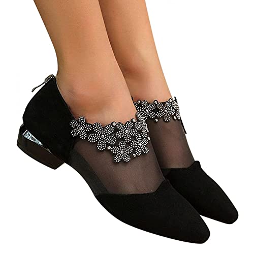 HOTRA Pointed Toe Wedding Rhinestone Slip On Suede Ankle Booties Breathable Ballet Block Heel Shoes (Color : Black2, Size : 8 US)3
