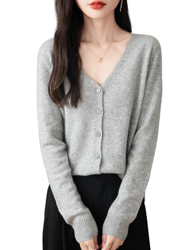 Chanyarn Damen-Strickjacke aus 100% Merinowolle, für Herbst und Winter, sexy, V-Ausschnitt, langärmelig, leicht, Strickjacke, Hellgrau, Klein