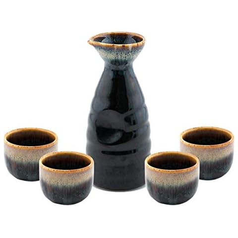 Happy Sales HSSS-WFLBLK, Perfect 5 pc Japanese Design Ceramic Sake set, Waterfall Cover