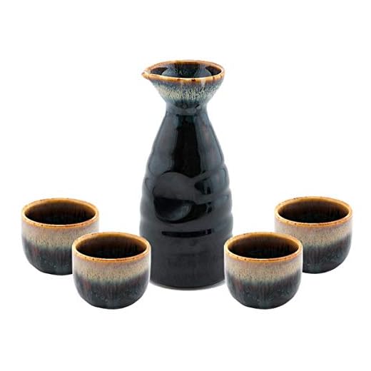Happy Sales HSSS-WFLBLK, Perfect 5 pc Japanese Design Ceramic Sake set, Waterfall