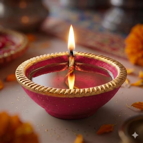 Image of Pure Source India Traditional Handmade Earthen Clay Big Size Diya for Laxmi Poojan, 4 Pieces | Elegant Blue Color (4 Pieces) - Premium Terracotta Akhand Jyot for Diwali, Puja & Festive Decor (Pink)