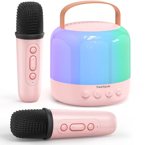 Machine Karaoké Enfant Rose avec 2 Micros Sans Fil Bluetooth et Lumières LED