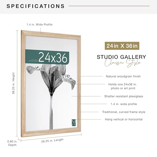 MCS Studio Gallery Classic 24x36 Poster Frame Natural Woodgrain, Vertical & Horizontal Wall Hanging Large Picture Frame for Photos, Posters & Art Prints (1-Pack)