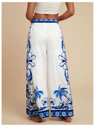 MakeMeChic Women's Boho Floral Wide Leg Summer Vacation Pants Drawstring Elastic Waist Loose Beach Trousers3