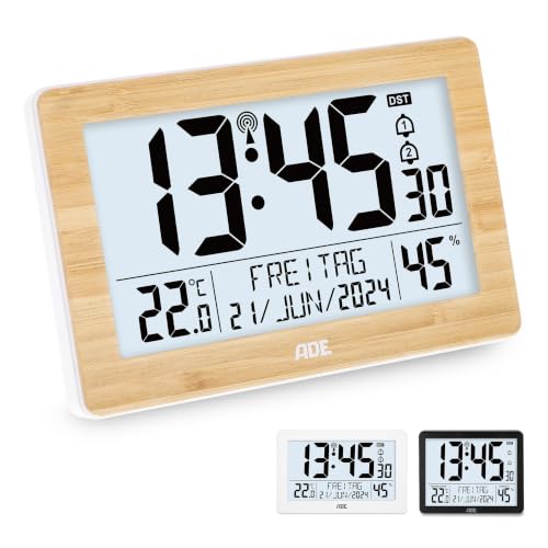 ADE Digitale XL-Funkuhr mit sehr großen Ziffern | Tischuhr mit 2 Weckzeiten und Beleuchtung | Thermometer Hygrometer | schmaler Rahmen aus echtem...