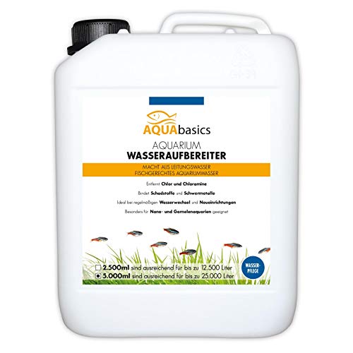 aquabasics Aquarium Wasseraufbereiter bereitet Leitungswasser artgerecht auf - Bindet sicher Schadstoffe - Ideale Wasseraufbereitung bei Neueinrichtung oder Wasserwechsel, Größe:5 Liter