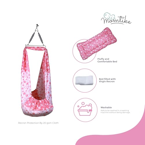 Image of Baby Cradle Swing for Newborns | Cotton Fabric Filled with Recron Fibre | Hanger Spring, Mosquito Net & Mattress with Insert Pocket | Jhoola, Thottil, Joli, Jokali, Onjal-Lt Mehendi (Pink)