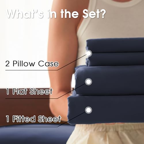 Image of Queen Size 4 Piece Sheet Set - Comfy Breathable & Cooling Bed Sheets Set, Soft and Wrinkle Free, Deep Pockets, Easy & Secure Fit, Hotel Luxury Bedding - Oeko-Tex - Navy Blue