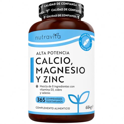 Nutravita Calcio Magnesio Zinc y Vitamina D - 365 Tabletas Vegetarianas (6 Meses) - Mantenimiento de Huesos, sistema inmunológico, función muscular normal y fatiga reducida - Hecho en Europe