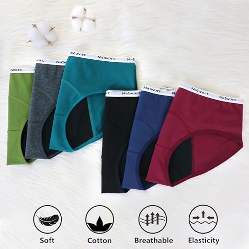 Image of Nalwort Teen Girls Period Underwear Menstrual Period Panties Leak-Proof Cotton Protective Briefs Pack of 6
