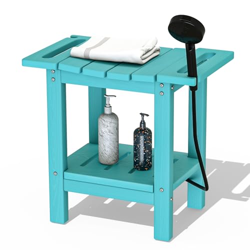 Plawdlik HDPE Shower Stool for Bathroom - 2-Tier Storage Shelf Waterproof Shower Bench Wood Texture...