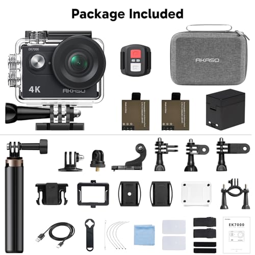 Image of AKASO EK7000 Action Camera Selfie Stick Bundle | Includes 4K30FPS EK7000 Underwater Camera, Selfie Stick, 2 Batteries, Carrying Case, Accessory Kits for Outdoor Sports /Daily