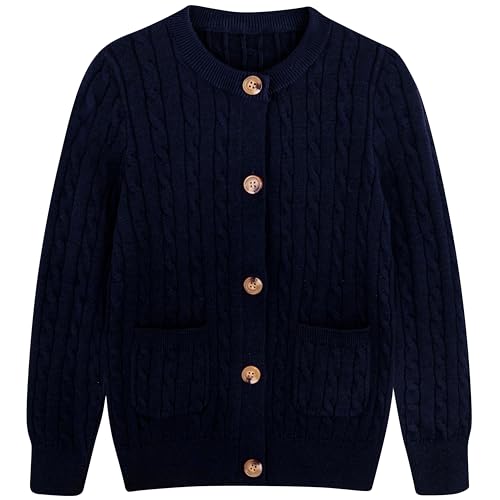 Girls Cardigans 7-8 School Uniform Cable Knitted Sweaters Kids Long Sleeve Button up Navy Blue Fall Winter Sweaters Cardgians