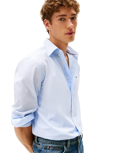 Tommy Hilfiger Mens Long Sleeve Poplin Shirts in Regular Fit, Men's Button Down Shirts, Also Available in Big and Tall Sweet Blue/Stripe Medium