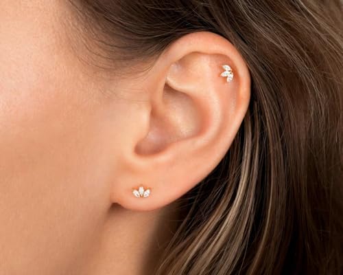 Threadless Flat Back Earrings, Hypoallergenic 14K Real Gold Plated CZ Leaf Stud Earrings | Cartilage Earring | Tragus Helix Piercing Jewelry | Push in Flatback Earrings for Women2