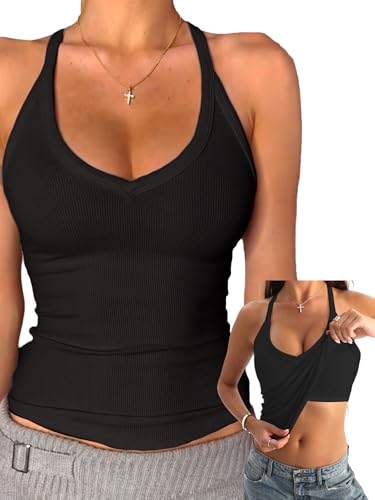 Danysu V Neck Racerback Built-in Bra Tank Tops for Women Trendy Cotton Ribbed Basic Halter Top Black S