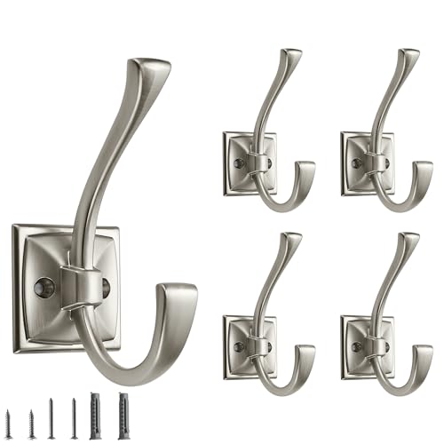 Cabdm 5 Pack Decorative Heavy Duty Towel Hooks For Hanging Robe Double Satin Nickel Coat Hooks Wall Mounted With Screws For Key cover