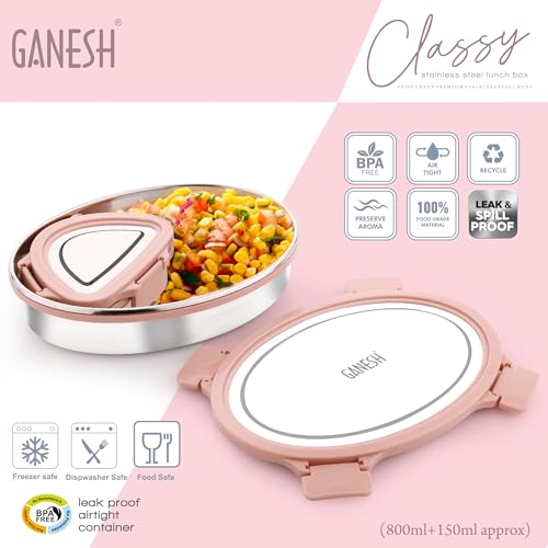 Image of Ganesh Classy Stainless Steel Lunch Box Container with Airtight Lid for Office & School Use /Food Grade /Air Tight /Easy to Carry /Leak Proof (800ml +150ml) Pink