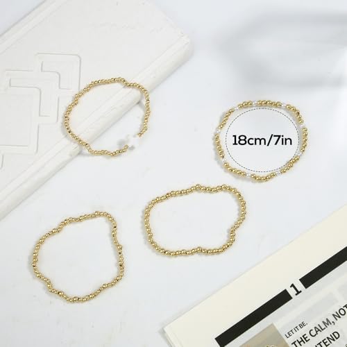 4pcs Gold Bead Stack Bracelets Set for Women, Non-Tarnish Gold Beaded Elastic Cross Pearl Bracelets Stackable Hand Chain Trendy Jewelry Gifts2